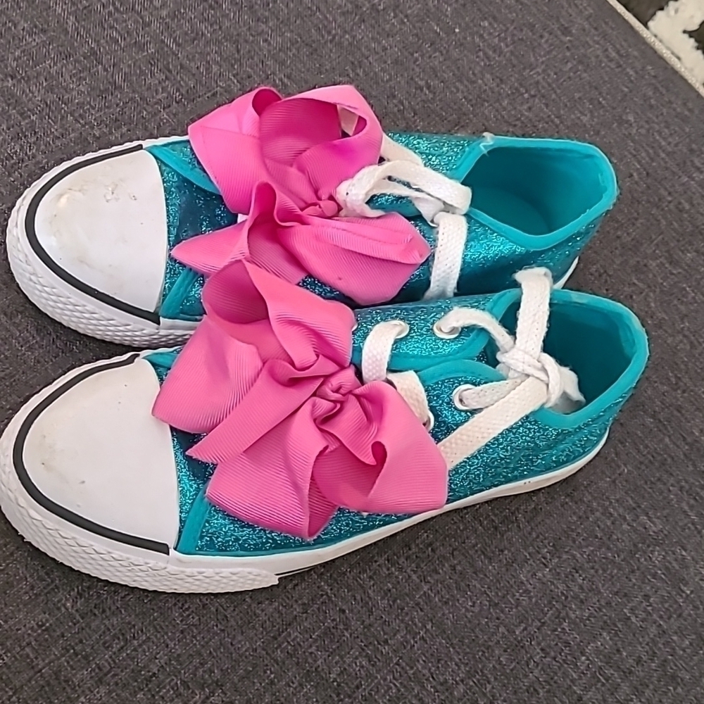 JoJo Siwa turquoise glitter shoes with pink bow sz 2 - Picture 2 of 5
